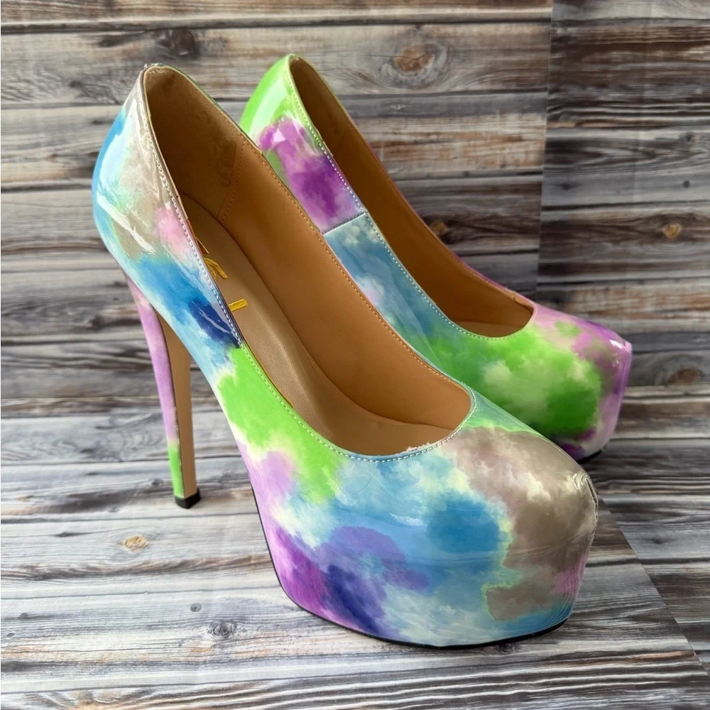 FSJ Colorful Dye Print Pumps Platform Stiletto Heels